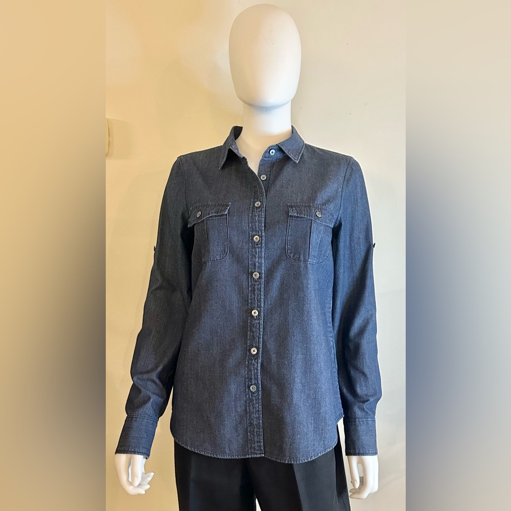 J. Crew Size 6 Dark Blue Cotton Denim Button-Down Shirt with Front Pocket Detail